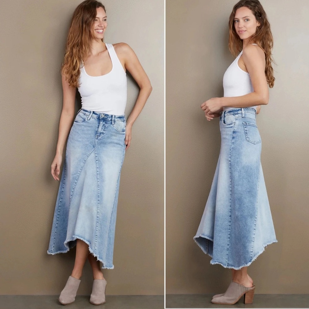 Wash Lab Selma Pieced Asymmetric Denim Maxi Skirt Size 29 Surf Blue $128 EUC